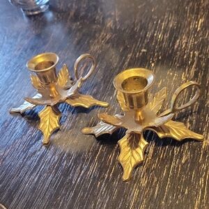Candle Stick Brass Holders Mid-Century Mod.Holly Leafs W/Loops/Vintage Christmas